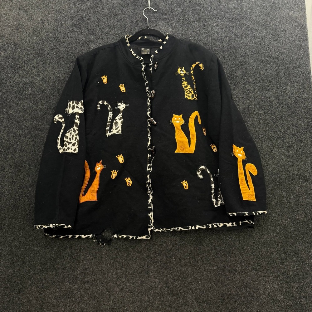 Vintage Daniel K Cat Applique Jacket XL Black Leopard Print Teachercore 90s